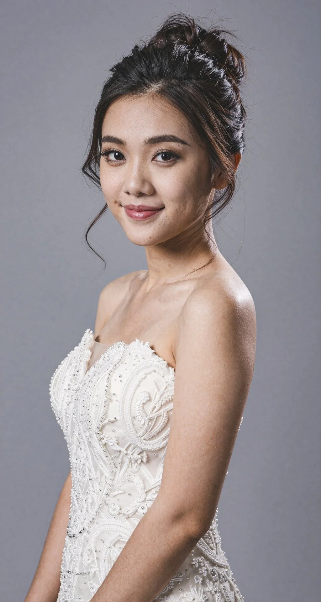 Portrait of a woman with dark hair styled in an updo, wearing an elegant white dress with intricate beadwork and embroidery.