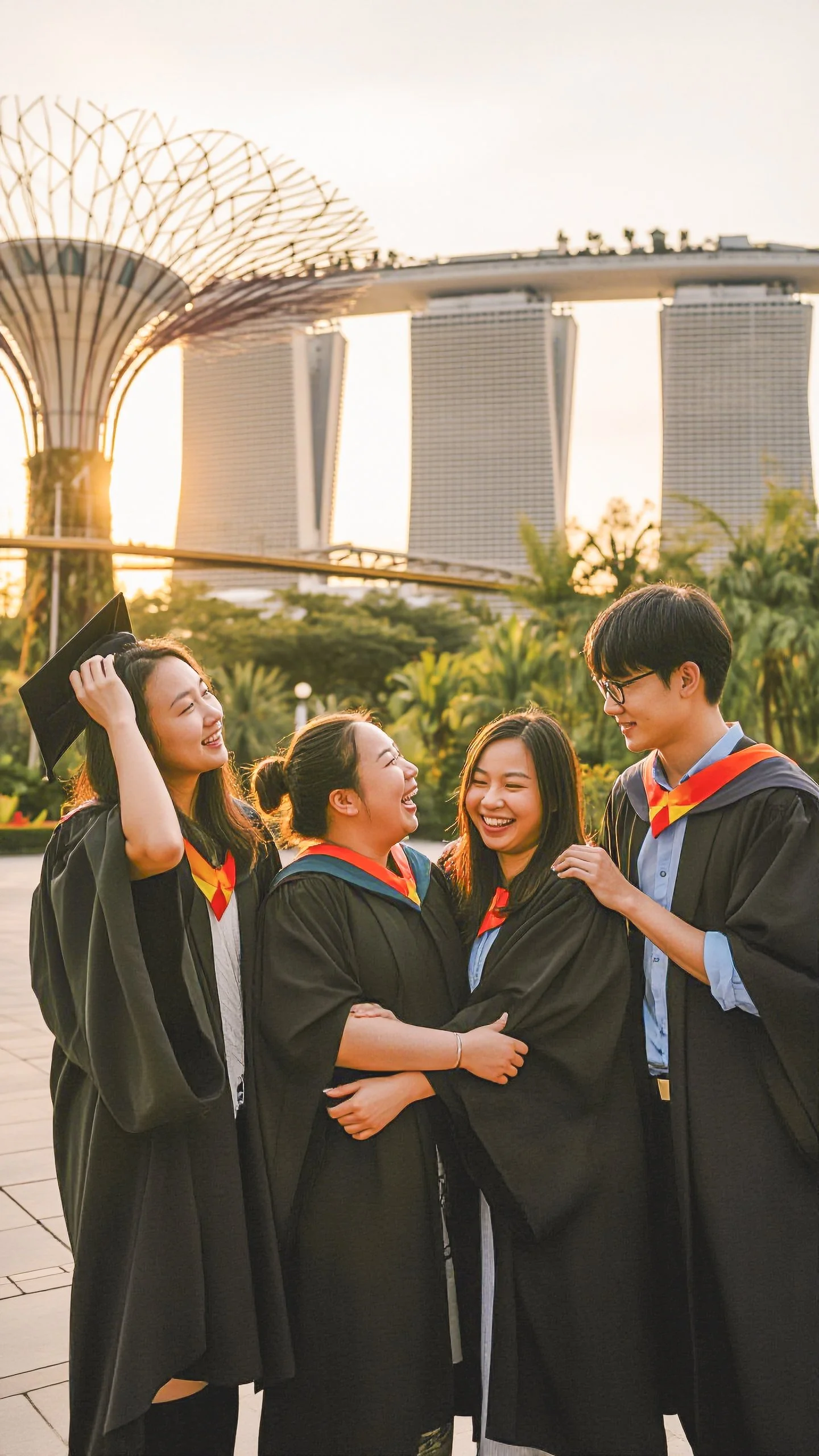 Four diverse college graduates in caps and gowns smiling and hugging outdoors with the Marina Bay Sands hotel and the Supertree Grove in Singapore in the background during sunset.