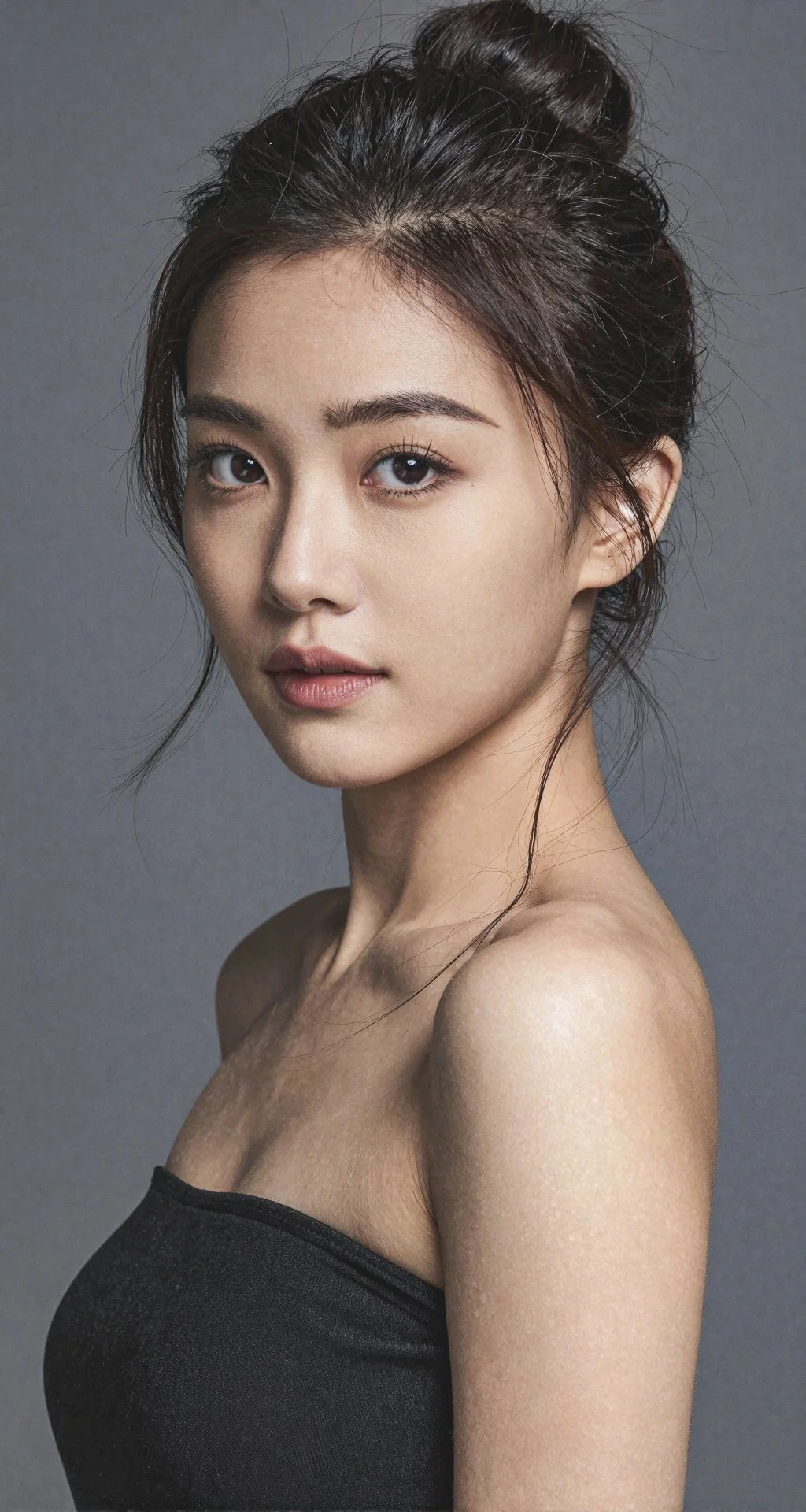 Portrait of a young woman with dark hair tied in a bun, wearing a black top, looking directly into the camera against a gray background.