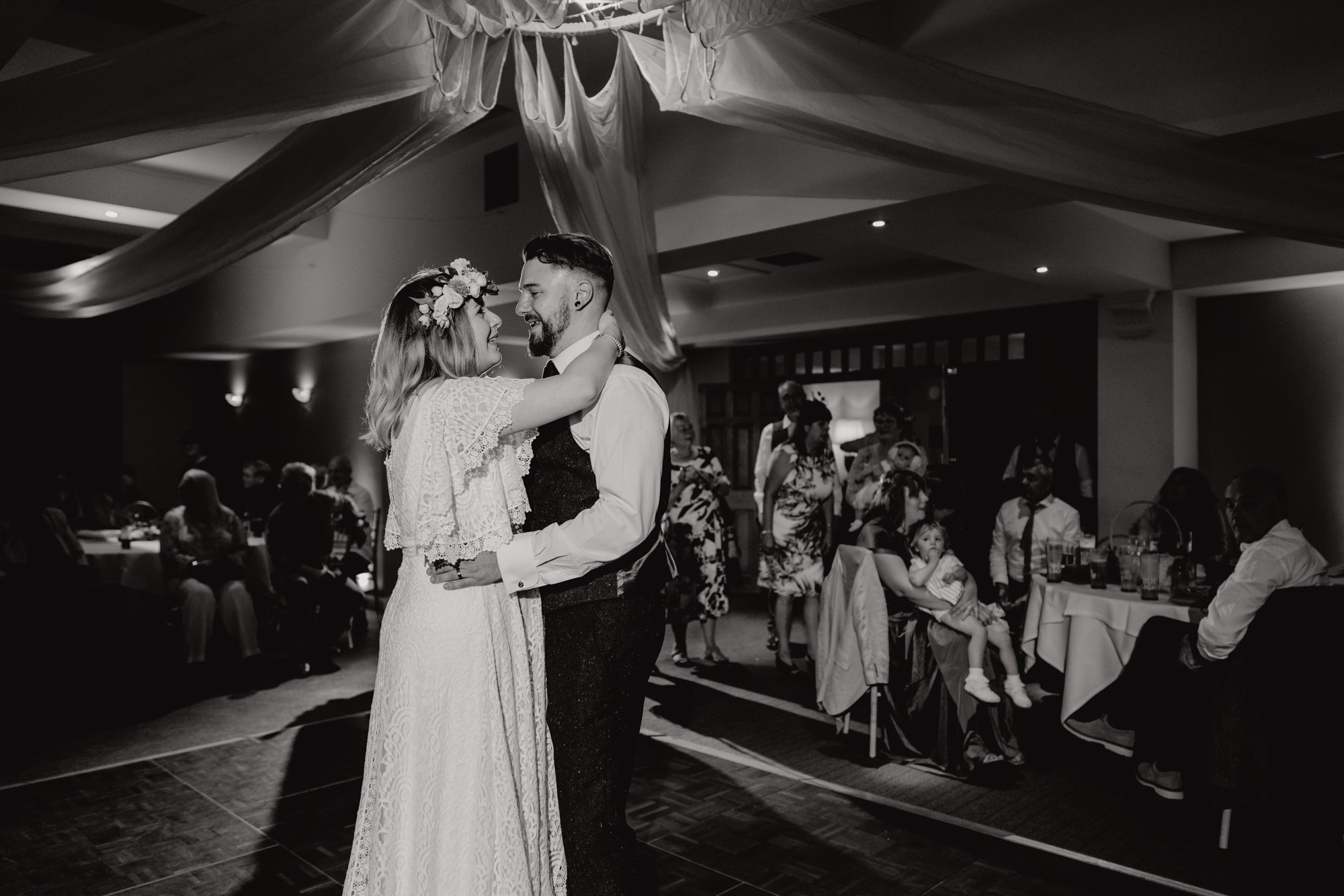 MAKENEY HALL WEDDING PHOTOGRAPHY - bride and groom dancing during their wedding first dance at Makeney Hall in Derby