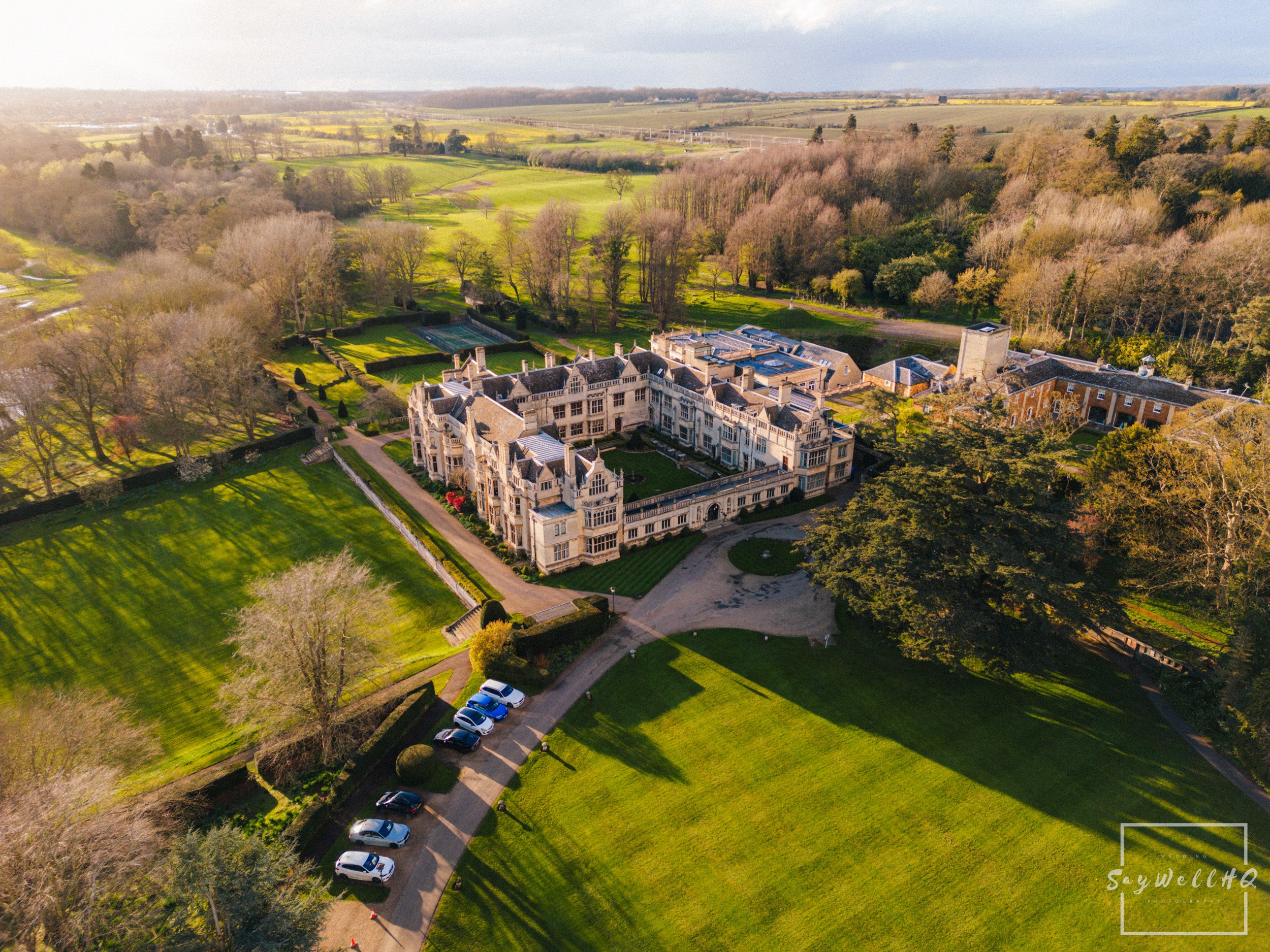 Rushton Hall Wedding Venue Image From a Drone Showing the Grounds and Buildings