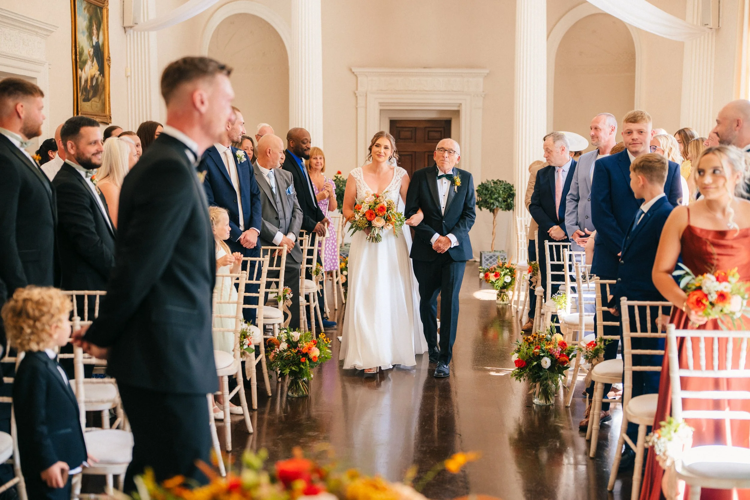 Colwick Hall bride and her dad walking down the aisle in the Grand Ballroom