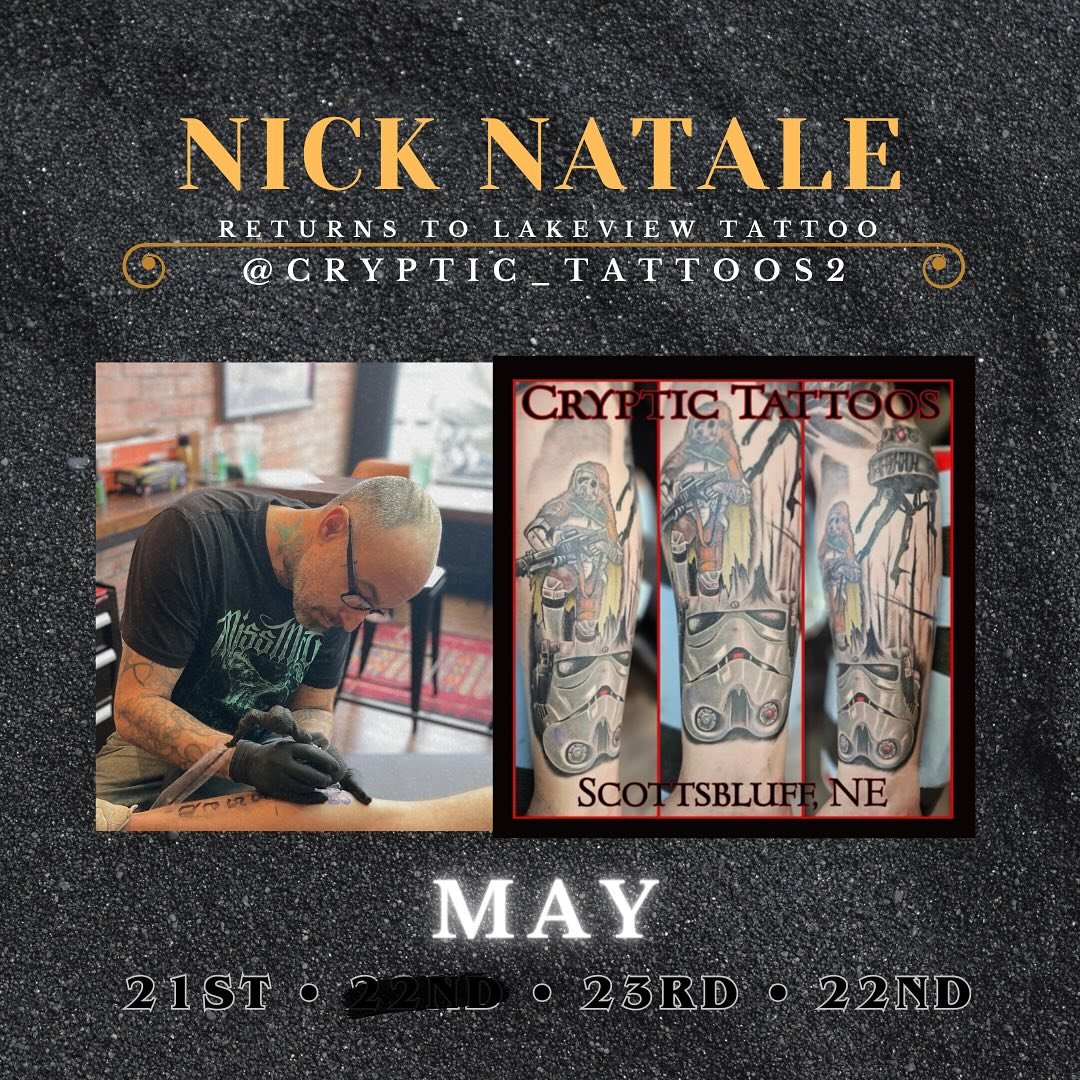 Nick will be back at Lakeview Tattoo May 21st thru the 24th. Contact us to book your session with Nick!

May the Fourth be with you😉

IG: @cryptic_tattoos2
FB: Cryptic Tattoos 

#blackandgraytattoo #surrealismtattoos #colortattoos #horrortattoos #fi