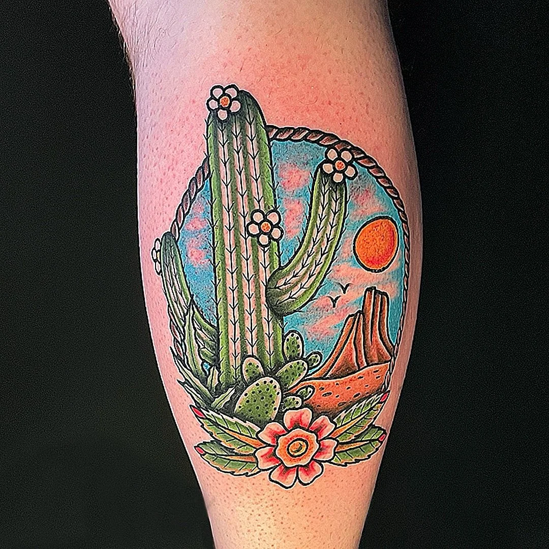 Solid desert view done by Jesse&hellip;

Contact us or stop y the shop to get your next piece of art.

@LinesLikeWine 🍷 LinesLikeWine@gmail.com 
www.LakeviewTattoo.com ⚓️ Contact@LakeviewTattoo.com 

#americantraditionaltattoos #ftcollins #denver #w