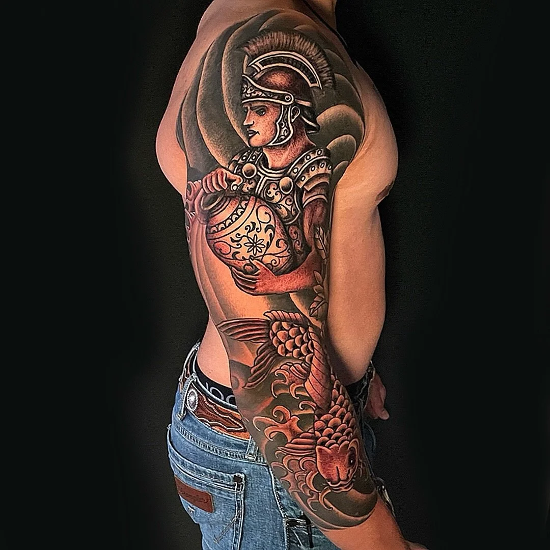 Saint Florian, the patron saint of firefighters, sleeve done by Jesse.

@LinesLikeWine 🍷 LinesLikeWine@gmail.com 

www.LakeviewTattoo.com ⚓️ Contact@LakeviewTattoo.com 

#americantraditionaltattoos #ftcollins #denver #windsor #colorado