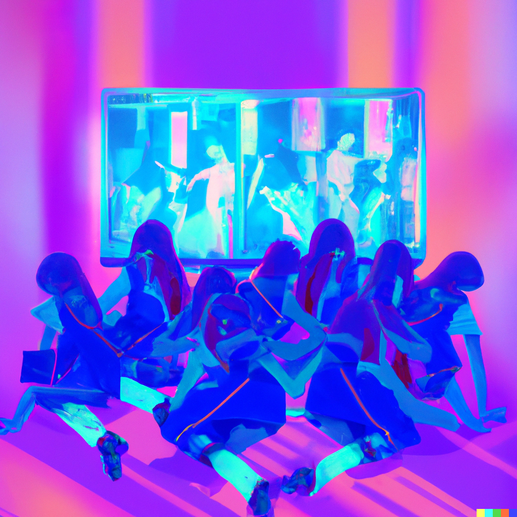 DALL·E 2022-07-31 12.52.17 - A dance ensemble with four dancers hiding from technology, vaporwave art.png