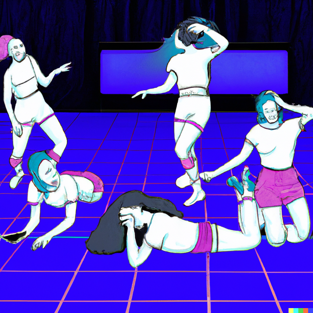 DALL·E 2022-07-31 12.52.38 - A dance ensemble with four dancers hiding from technology, vaporwave art.png