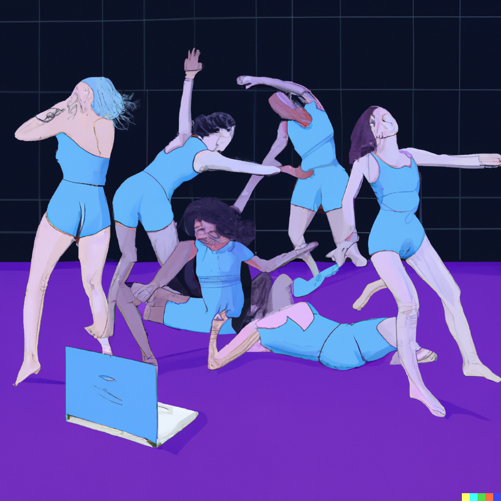 DALL·E 2022-07-31 12.52.51 - A dance ensemble with four dancers hiding from technology, vaporwave art.png