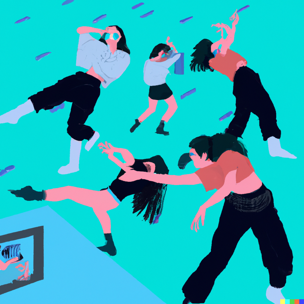 DALL·E 2022-07-31 12.54.34 - A dance ensemble with four postmodern performers hiding from technology, vaporwave art.png