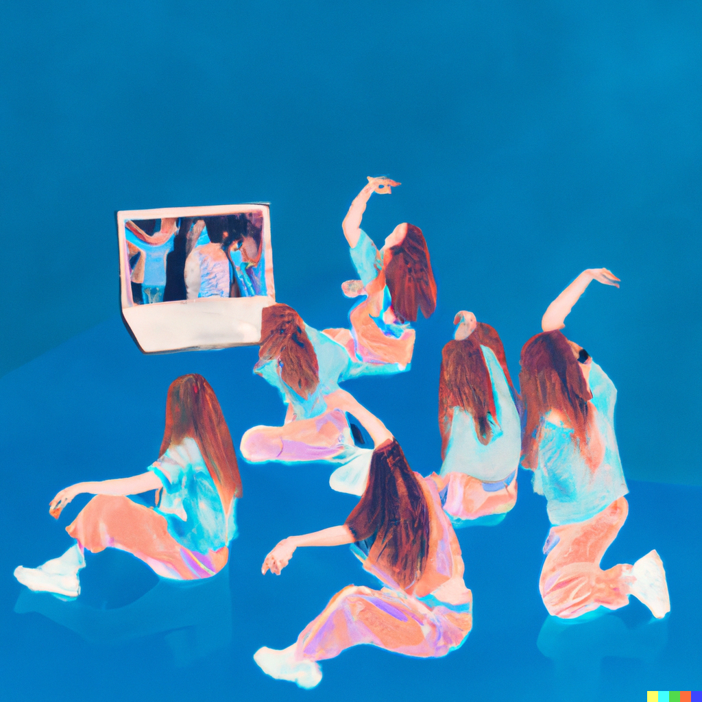 DALL·E 2022-07-31 12.54.46 - A dance ensemble with four postmodern performers hiding from technology, vaporwave art.png