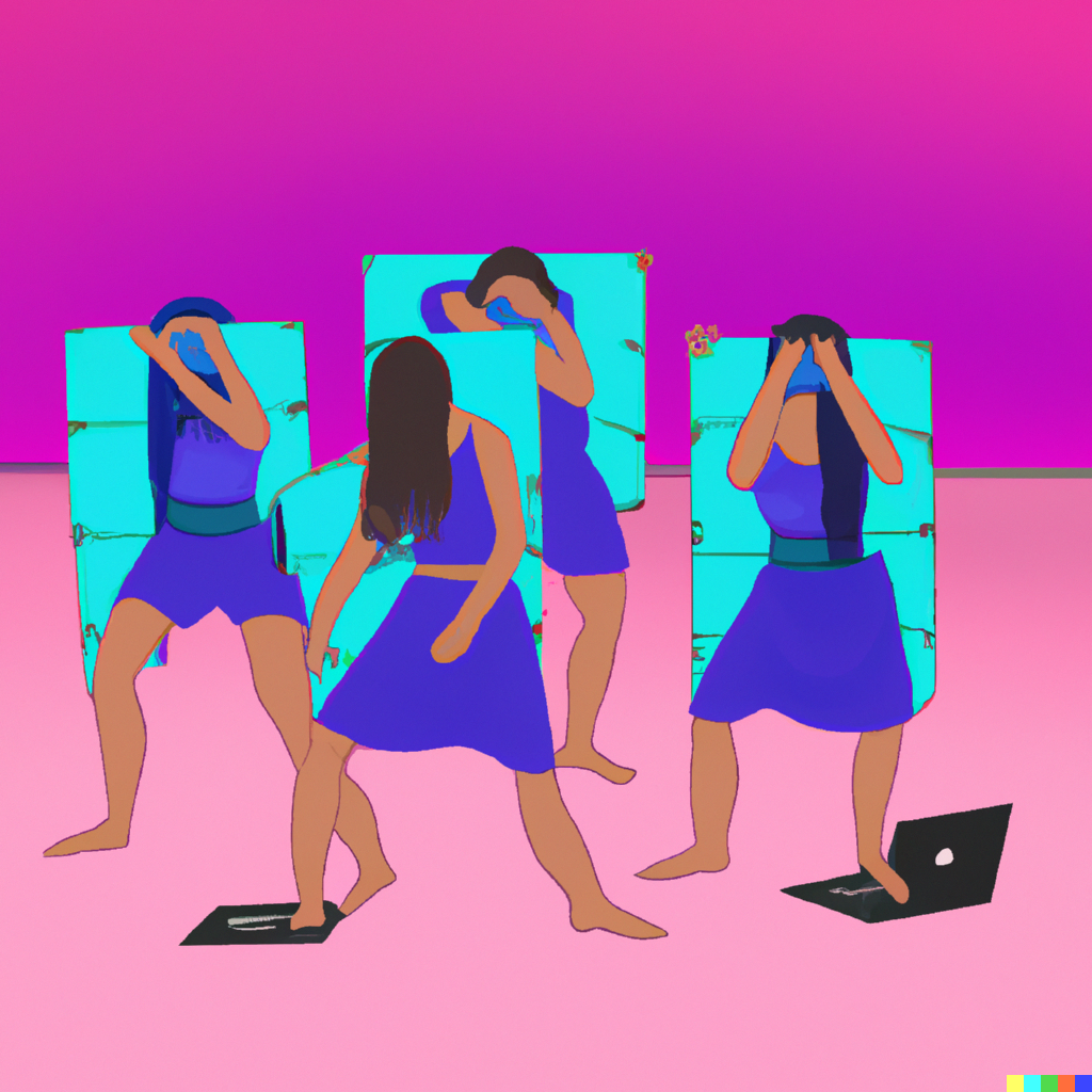 DALL·E 2022-07-31 13.03.50 - A dance ensemble with four postmodern performers hiding from technology, vaporwave art.png