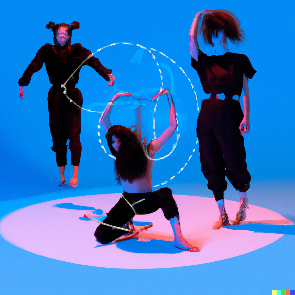 DALL·E 2022-07-31 13.18.59 - A dance ensemble with four postmodern performers hiding from surveillance, inspired by technology, vaporwave art.png