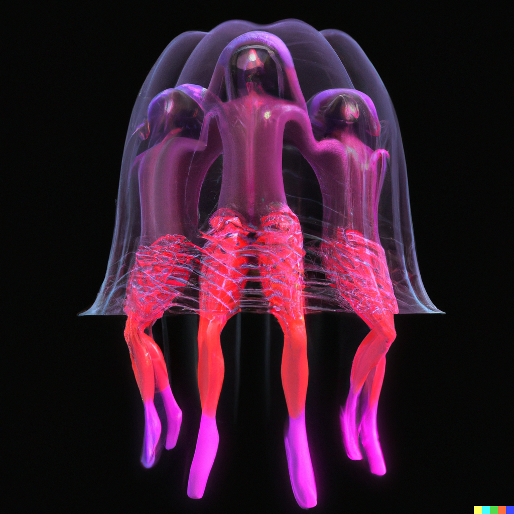 DALL·E 2022-08-02 15.05.20 - Three dancers hiding in the shell of an avatar, moving humane.png