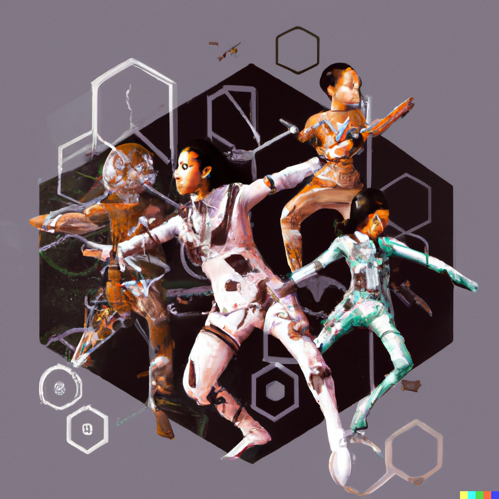 DALL·E 2022-08-10 00.54.33 - Four dancers dancing the future with Human movements, digital art.png