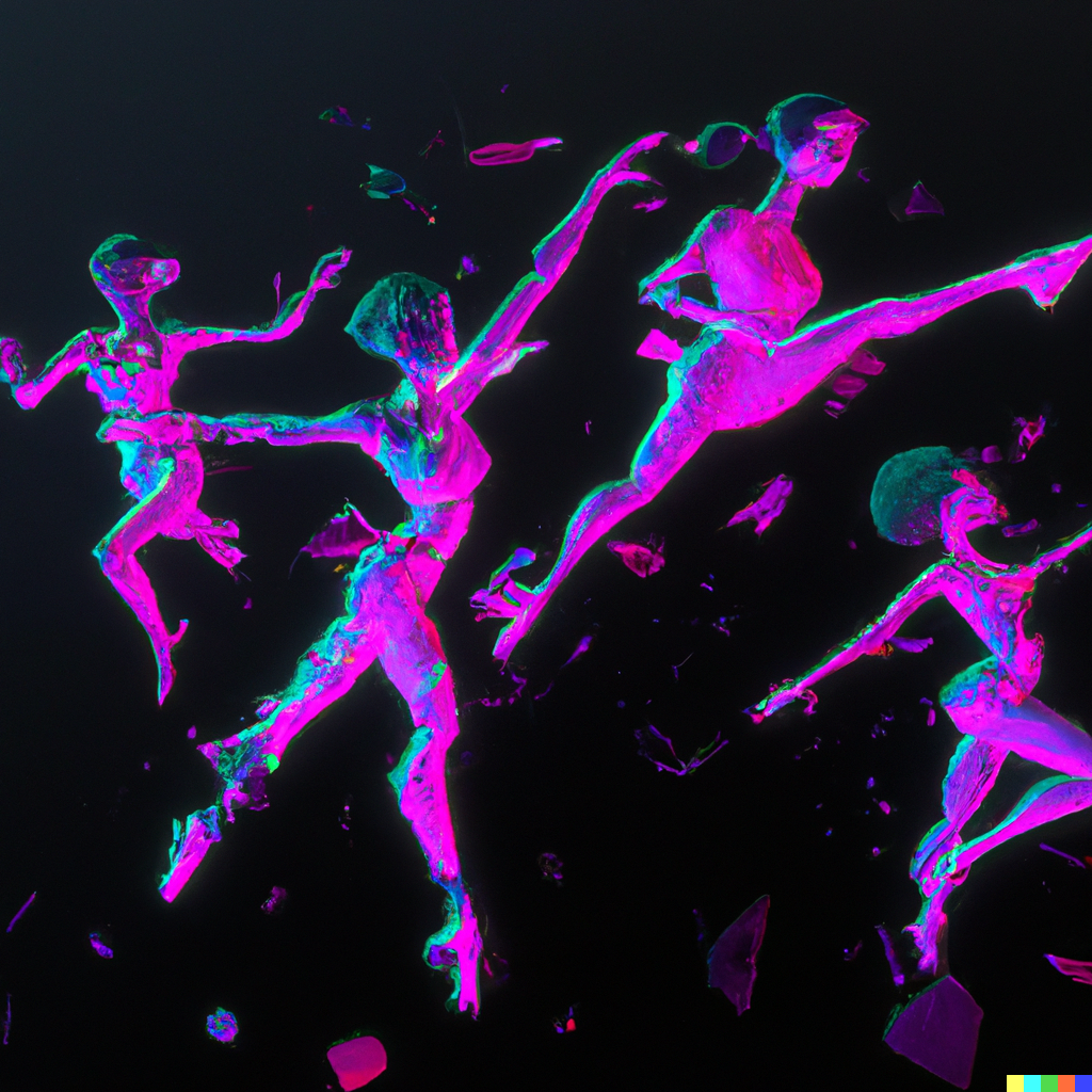 DALL·E 2022-08-10 00.54.38 - Four dancers dancing the future with Human movements, digital art.png