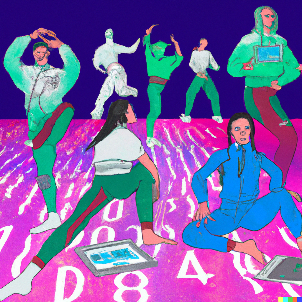 DALL·E 2022-08-23 15.16.19 - four dancers preparing with several methods for the future with technology, vaporwave meets digital art.png