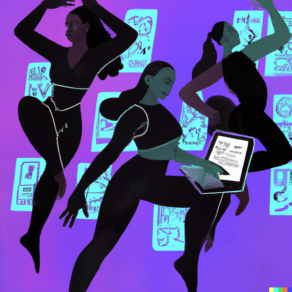 DALL·E 2022-08-23 15.16.24 - four dancers preparing with several methods for the future with technology, vaporwave meets digital art.png
