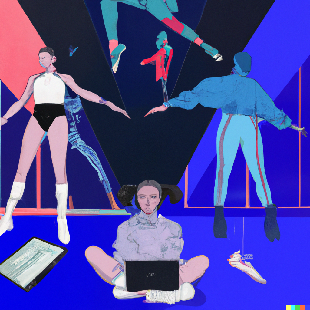 DALL·E 2022-08-23 15.16.27 - four dancers preparing with several methods for the future with technology, vaporwave meets digital art.png