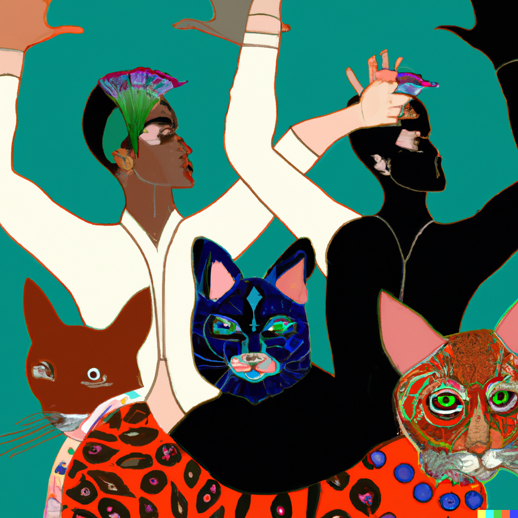 DALL·E 2022-09-03 11.13.37 - Four human dancers interpreting the future, from the perspective of a feline animal, digital artwork by frida kahlo.png