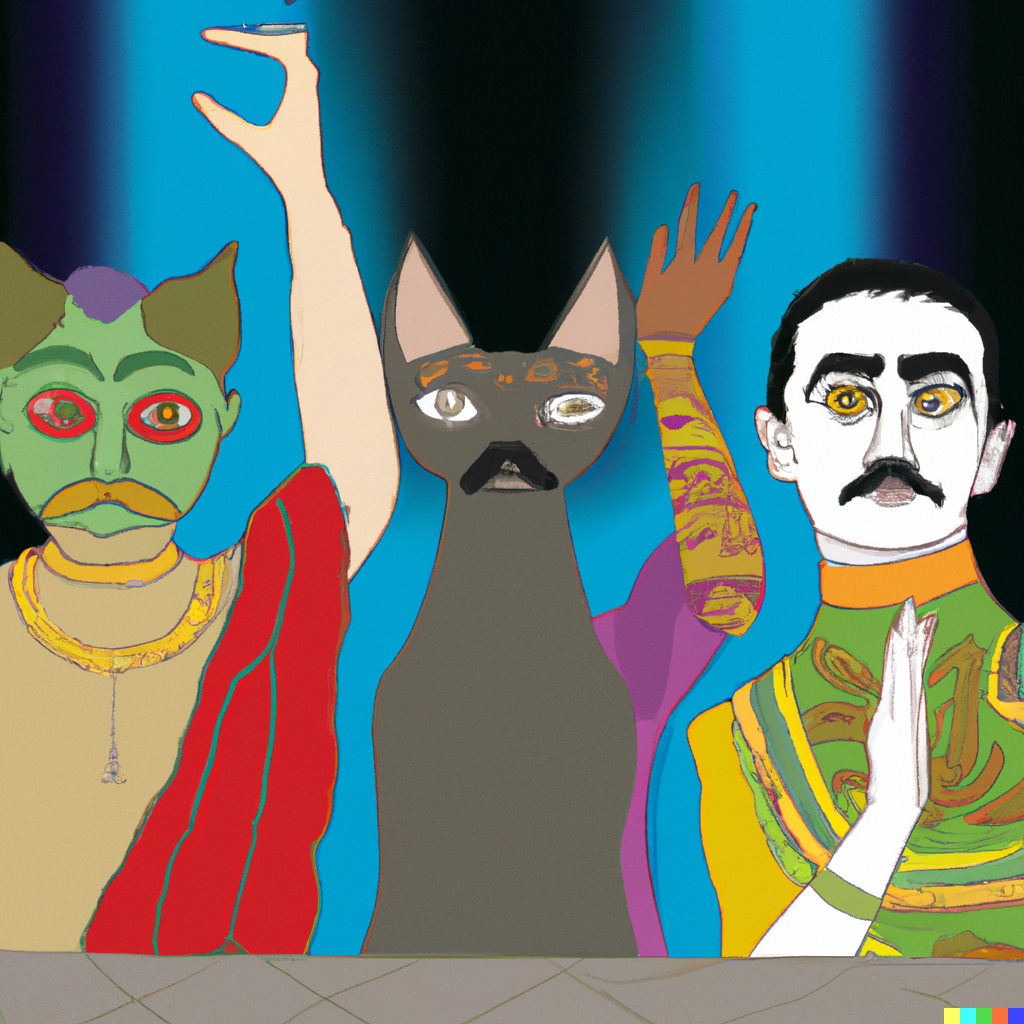 DALL·E 2022-09-03 11.15.03 - Four human performers interpreting the future, from the perspective of a feline animal, digital artwork by frida kahlo.png
