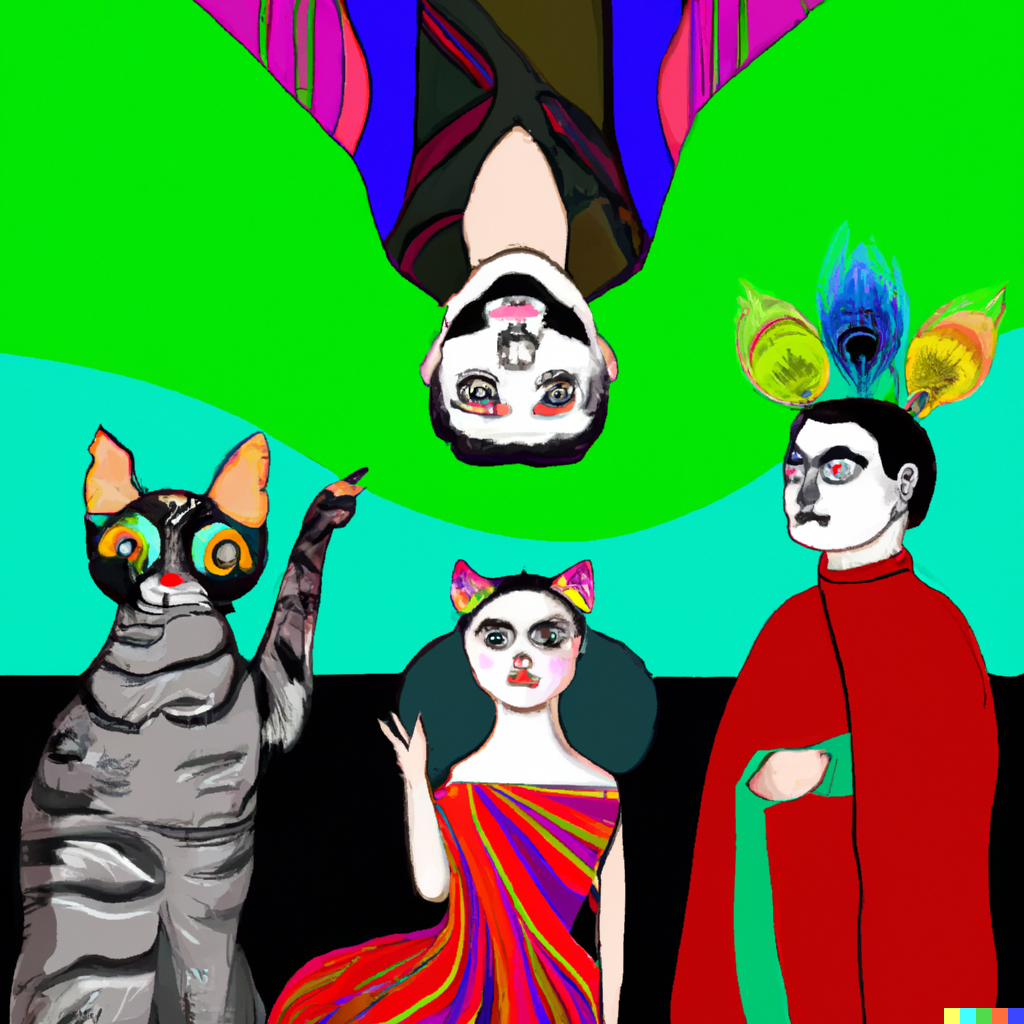 DALL·E 2022-09-03 11.15.08 - Four human performers interpreting the future, from the perspective of a feline animal, digital artwork by frida kahlo.png