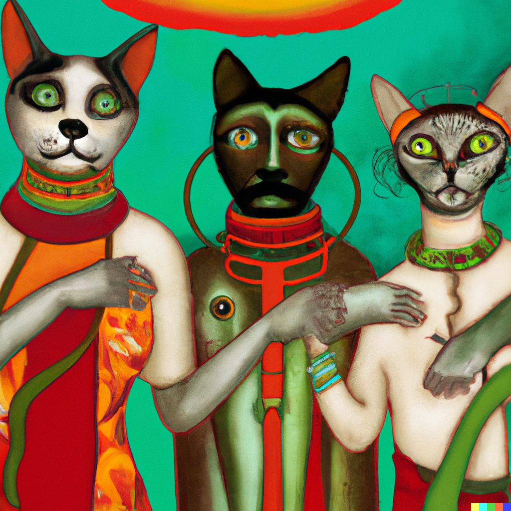 DALL·E 2022-09-03 11.15.12 - Four human performers interpreting the future, from the perspective of a feline animal, digital artwork by frida kahlo.png