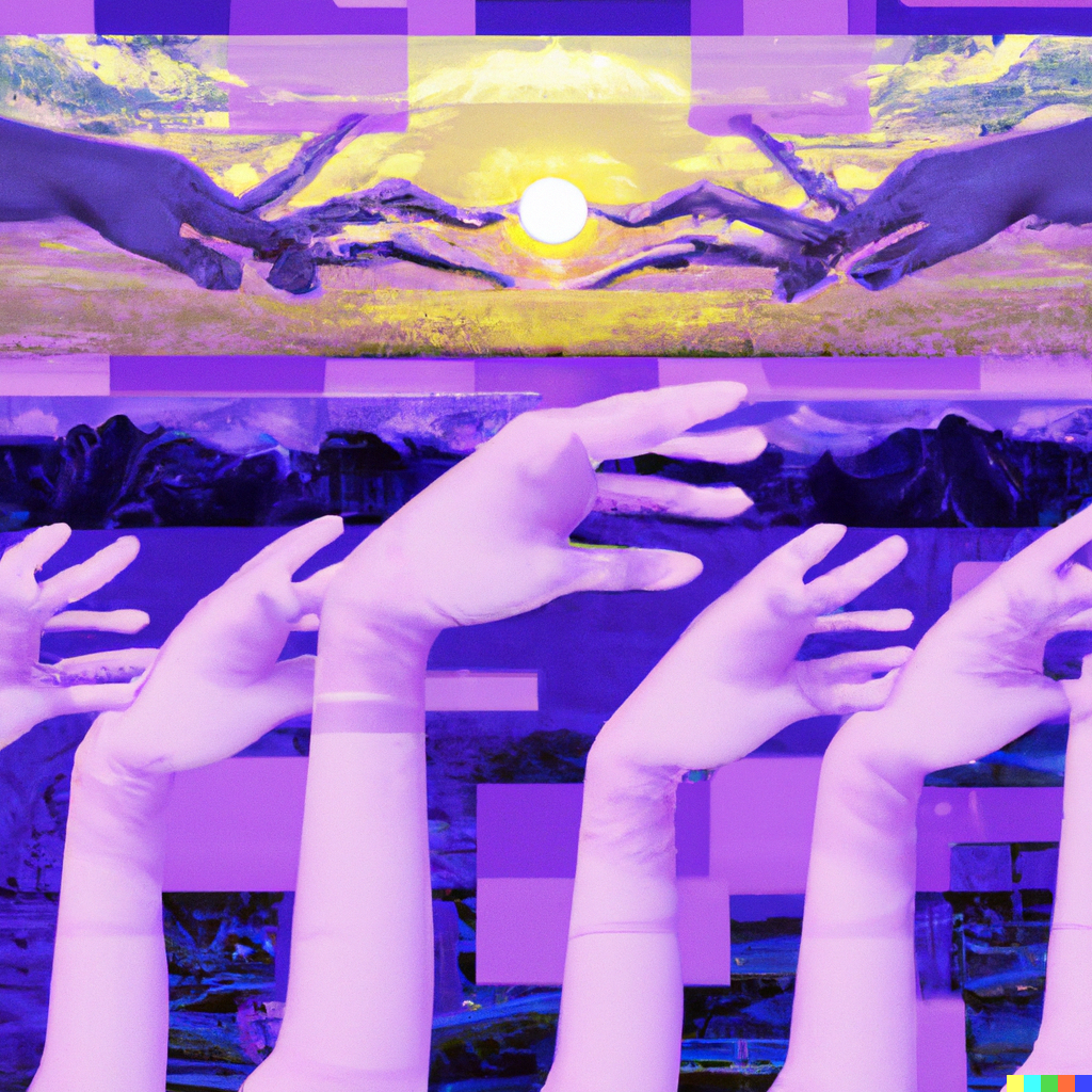DALL·E 2022-11-10 17.43.21 - several mindbending movements of human arms, collage in front of a internet-pixel-sunset in purple colors, ukiyo-e.png