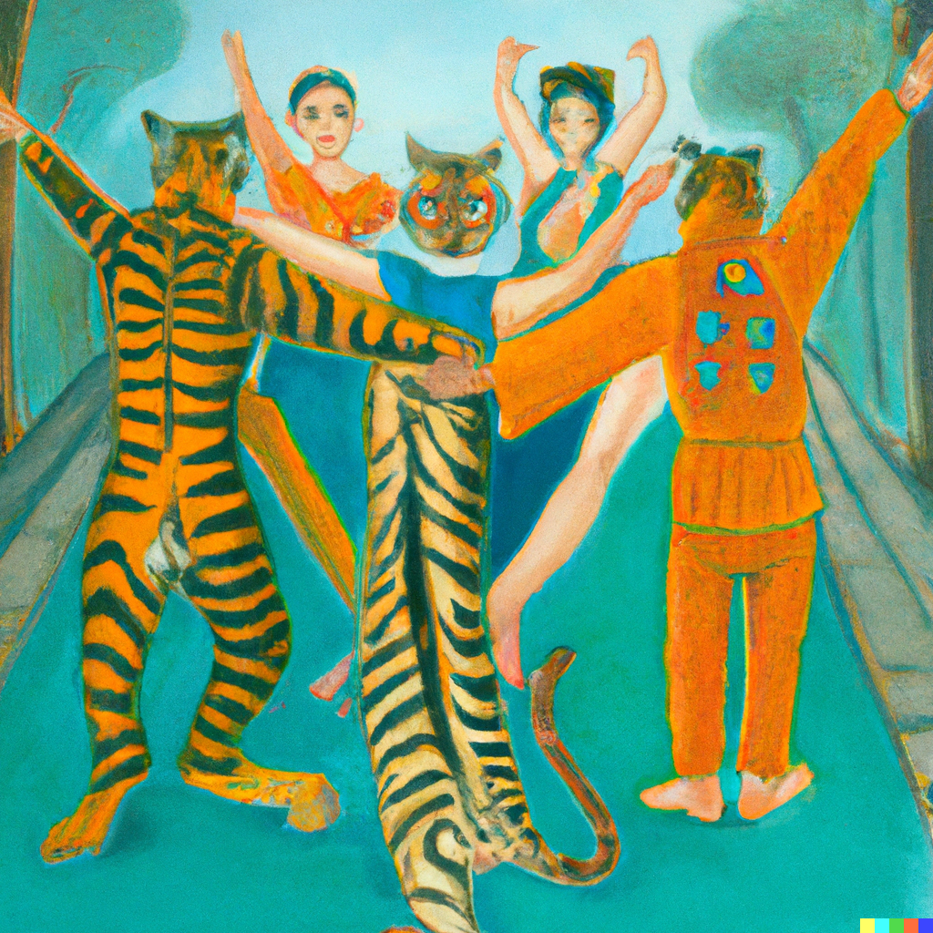 DALL·E 2022-11-27 17.37.16 - Four human dancers dancing the future, from the perspective of a tiger, artwork by frida kahlo.png