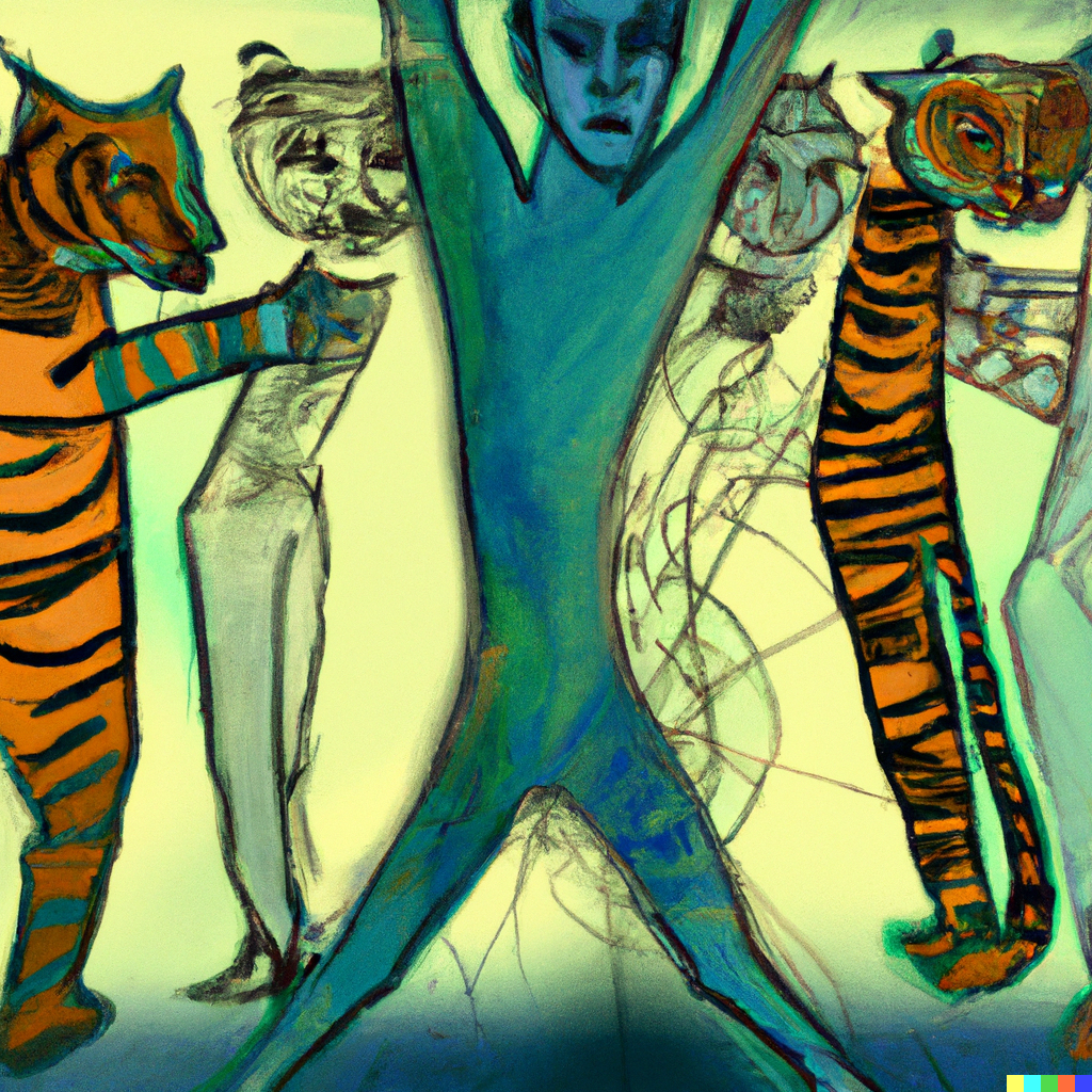 DALL·E 2022-11-27 17.37.45 - Four human dancers interpreting the future, from the perspective of a tiger, digital artwork by frida kahlo in subtle colors.png