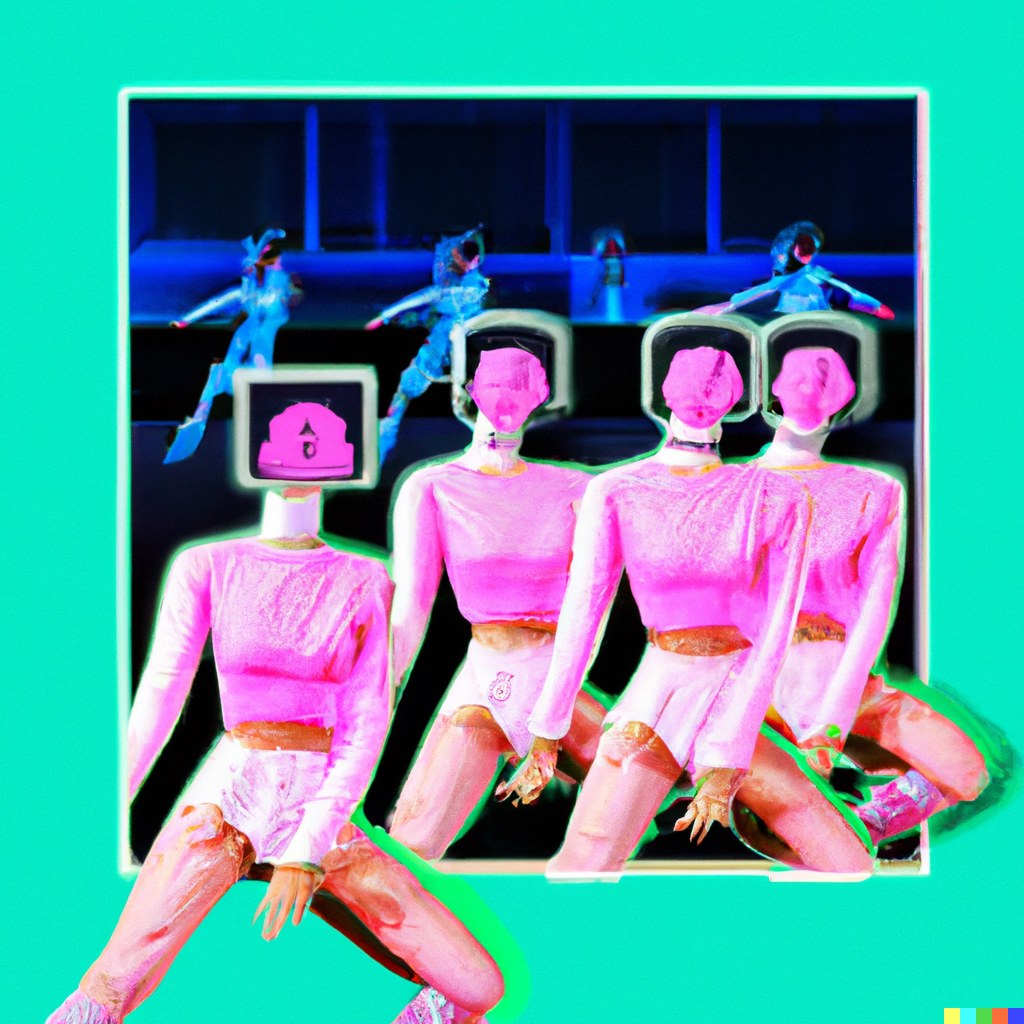 DALL·E 2022-11-27 17.38.56 - A dance ensemble with four dancers hiding from technology, digital vaporwave art.png