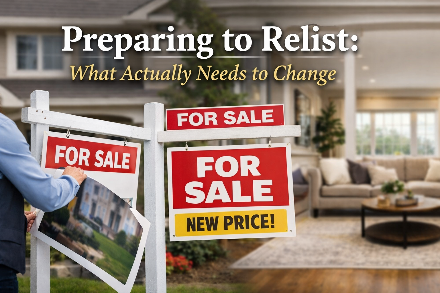 For sale signs with new price rider in front of staged home — preparing to relist in the Piedmont Triad — Delia Knight REALTOR