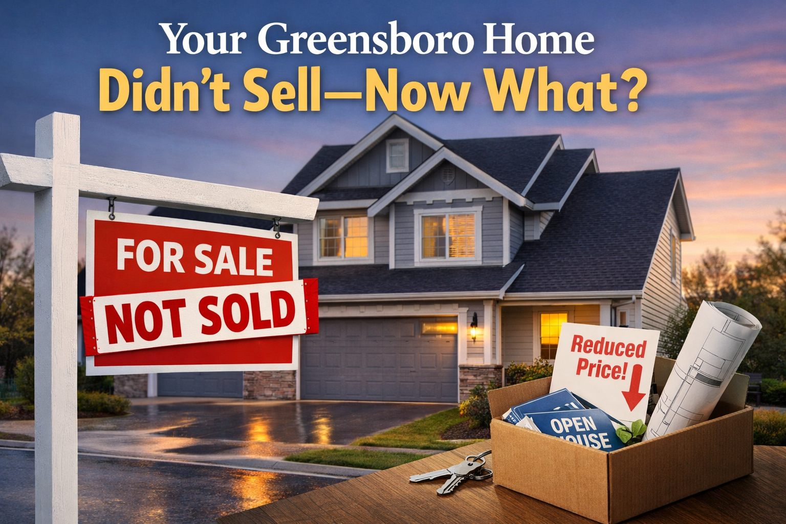 Greensboro NC home for sale that did not sell with not sold sign in front of a two story suburban house at sunset