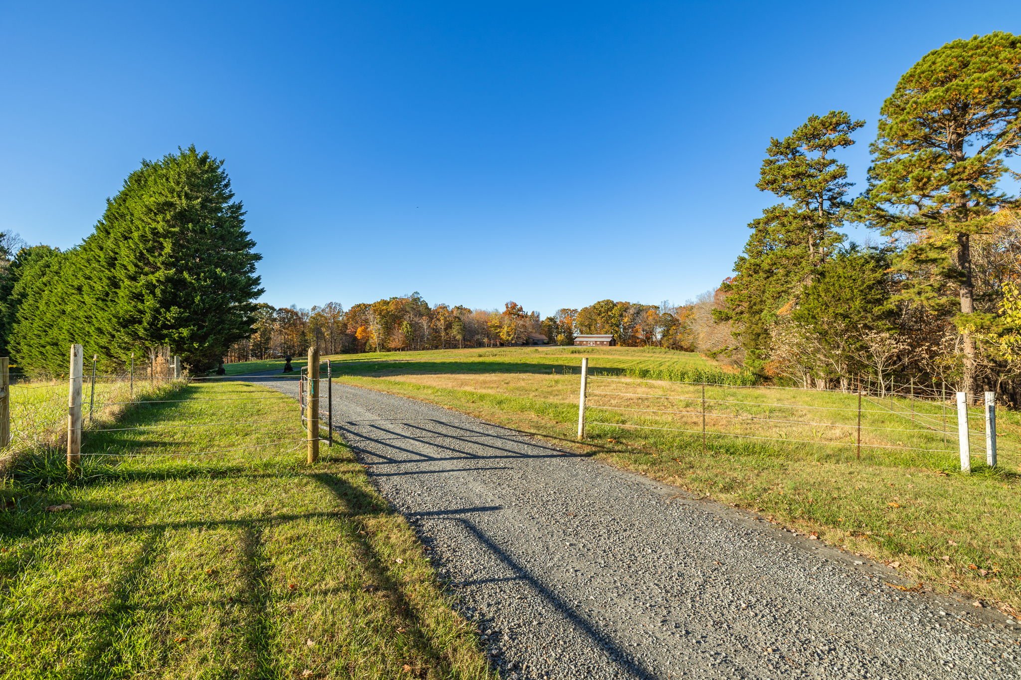 Gravel driveway leading through a fence gate to an open pasture with a red barn and fall foliage in the background