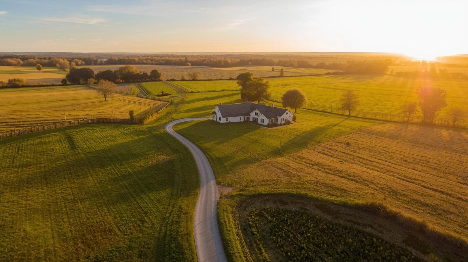 Aerial view of a white farmhouse on open acreage at golden hour, surrounded by green and golden fields with a winding gravel driveway