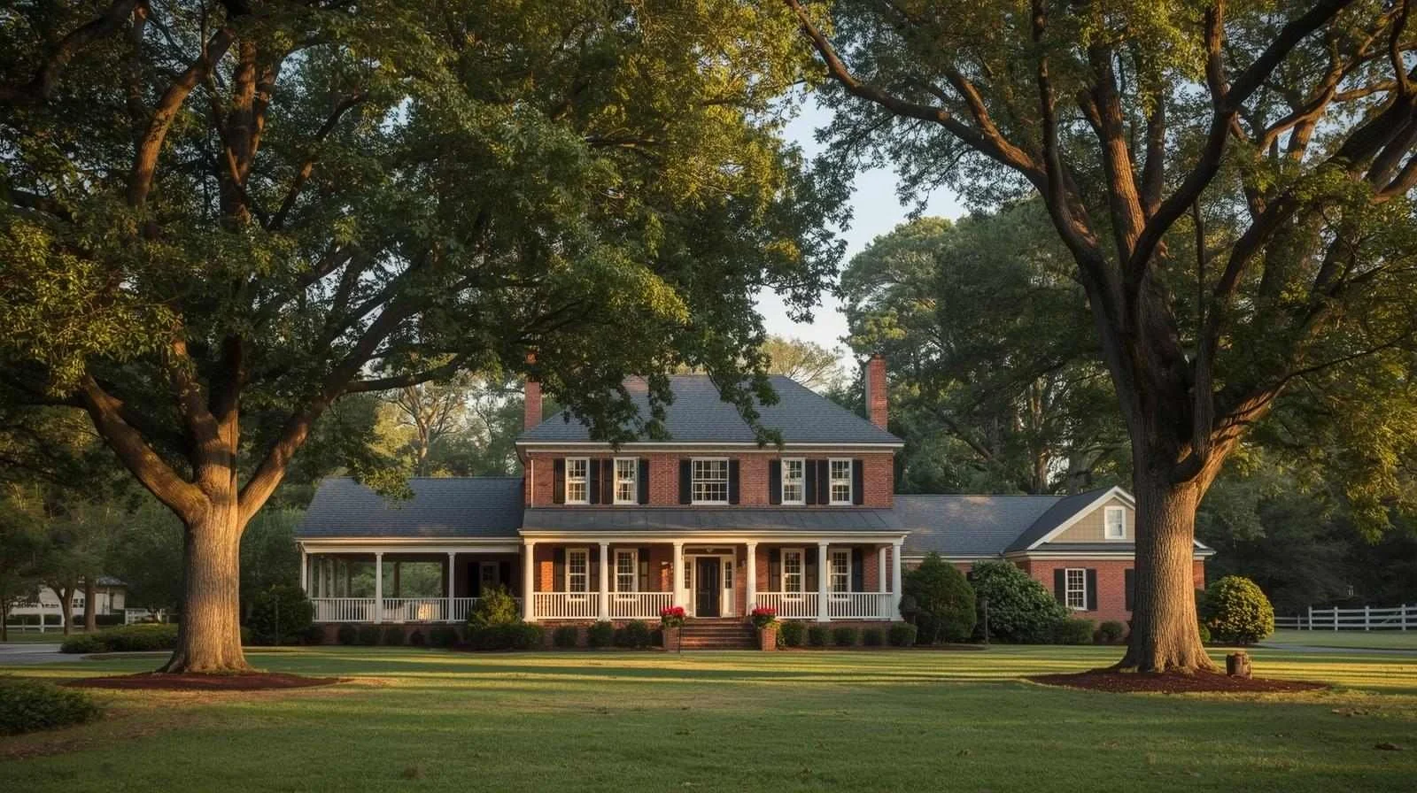 Brick estate home with mature oak trees and manicured lawn in the Piedmont Triad, NC