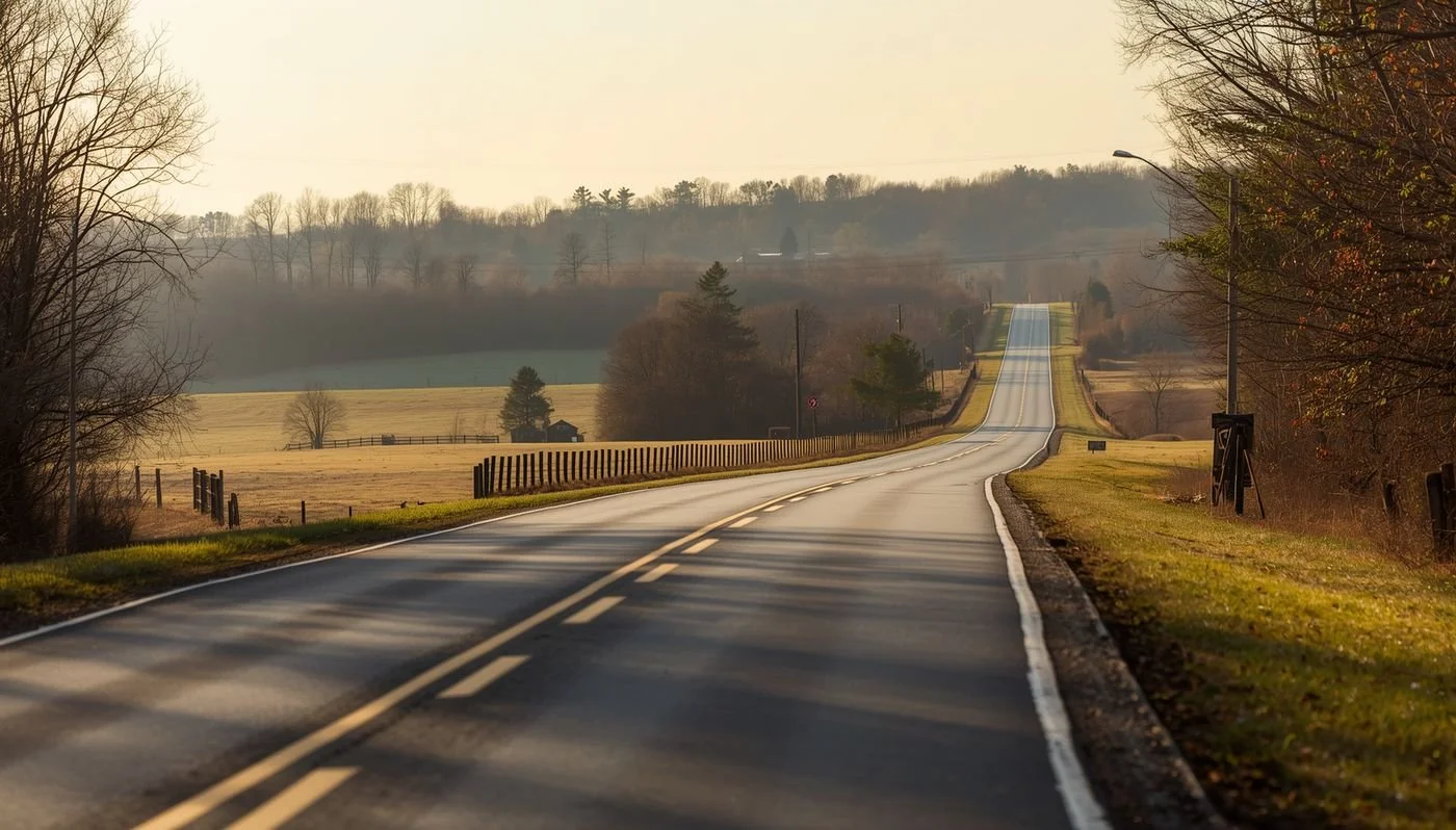 Quiet rural two-lane road at sunrise winding through open pasture and tree lines in northern Guilford County NC