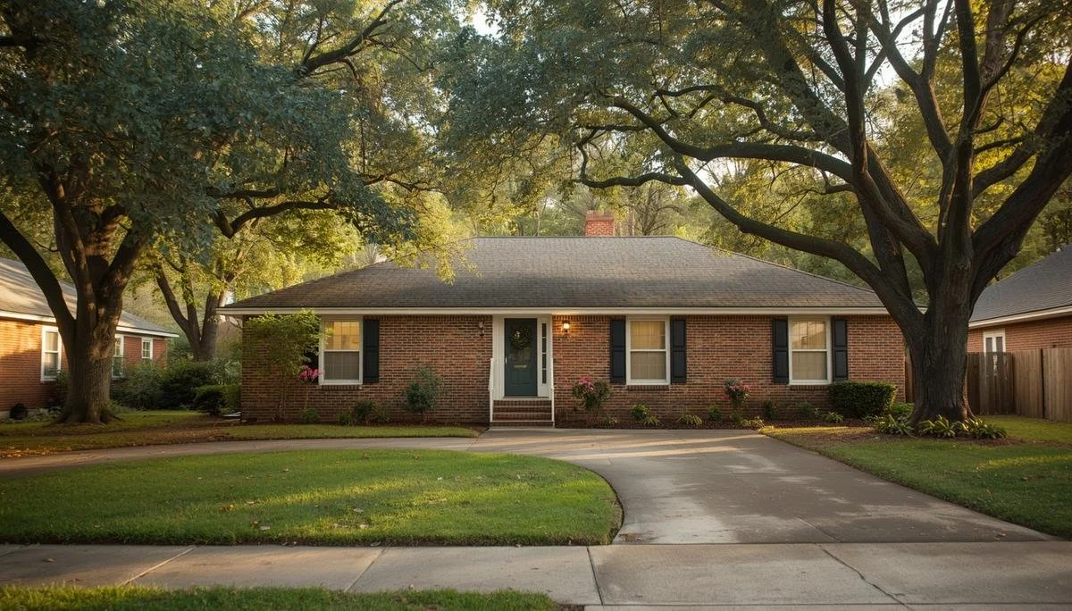 Brick ranch home with teal front door, small wreath, warm late-afternoon sunlight filtering through mature oak trees in the front yard.