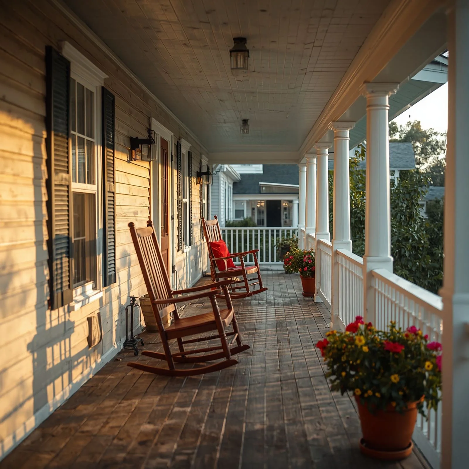 Front porch with rocking chairs and flowers on a small-town home