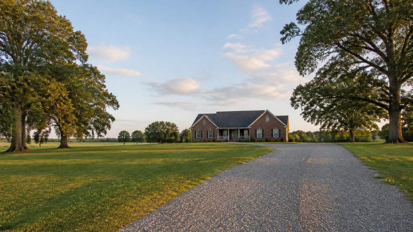 Quiet brick country estate home on a wooded lot at the end of a long gravel driveway in the Piedmont Triad, NC.
