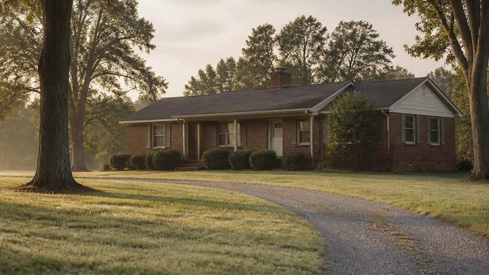 Brick ranch home on a rural North Carolina property with mature oak trees and a gravel driveway in morning light