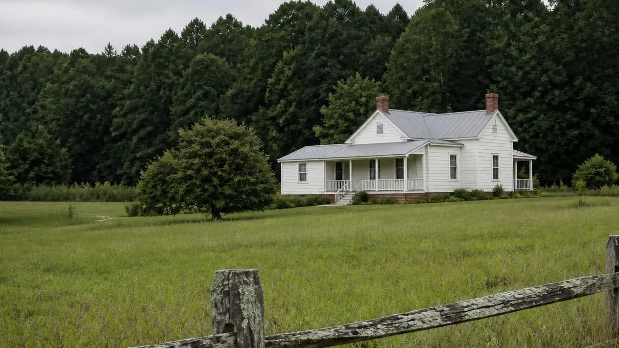 Brick ranch home with mature oak trees and gravel driveway in rural North Carolina