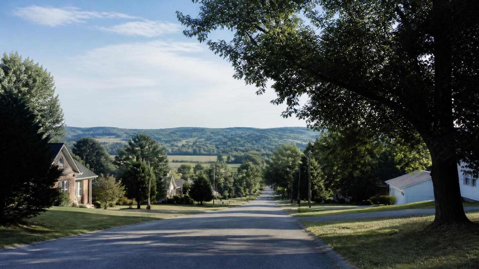 A quiet tree-lined residential street in a small town, with single-family homes set back on green lawns and wooded hills in the distance under a blue sky.