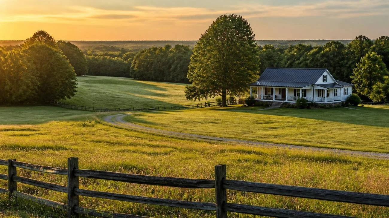 Rolling pasture at sunset with a split-rail fence in the foreground, a gravel drive curving past a large oak toward a white farmhouse with a metal roof and wraparound porch, tree line and hazy sky beyond.