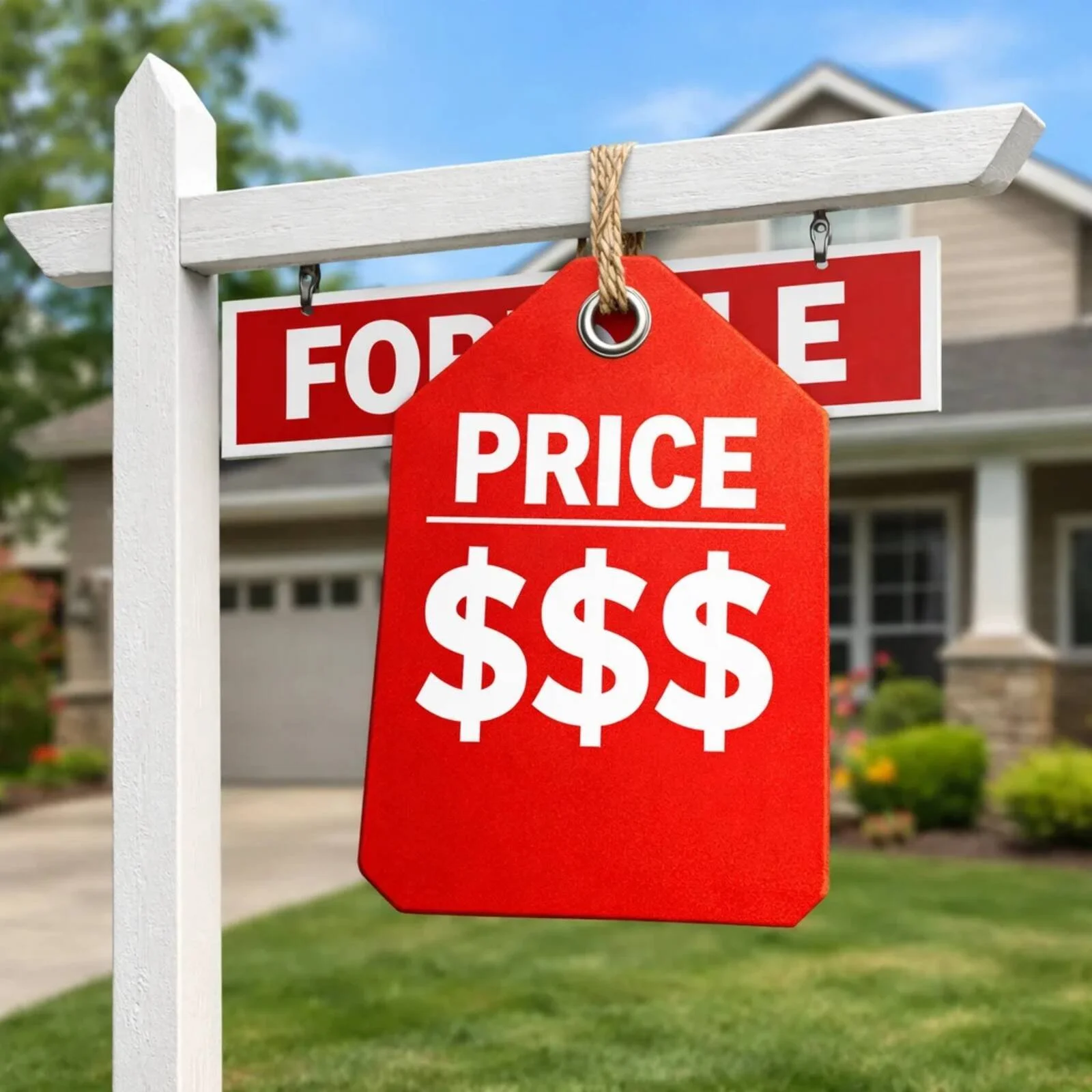 Red price tag hanging from a for sale sign in front of a home - pricing strategy for relisting your Piedmont Triad home - Delia Knight REALTOR