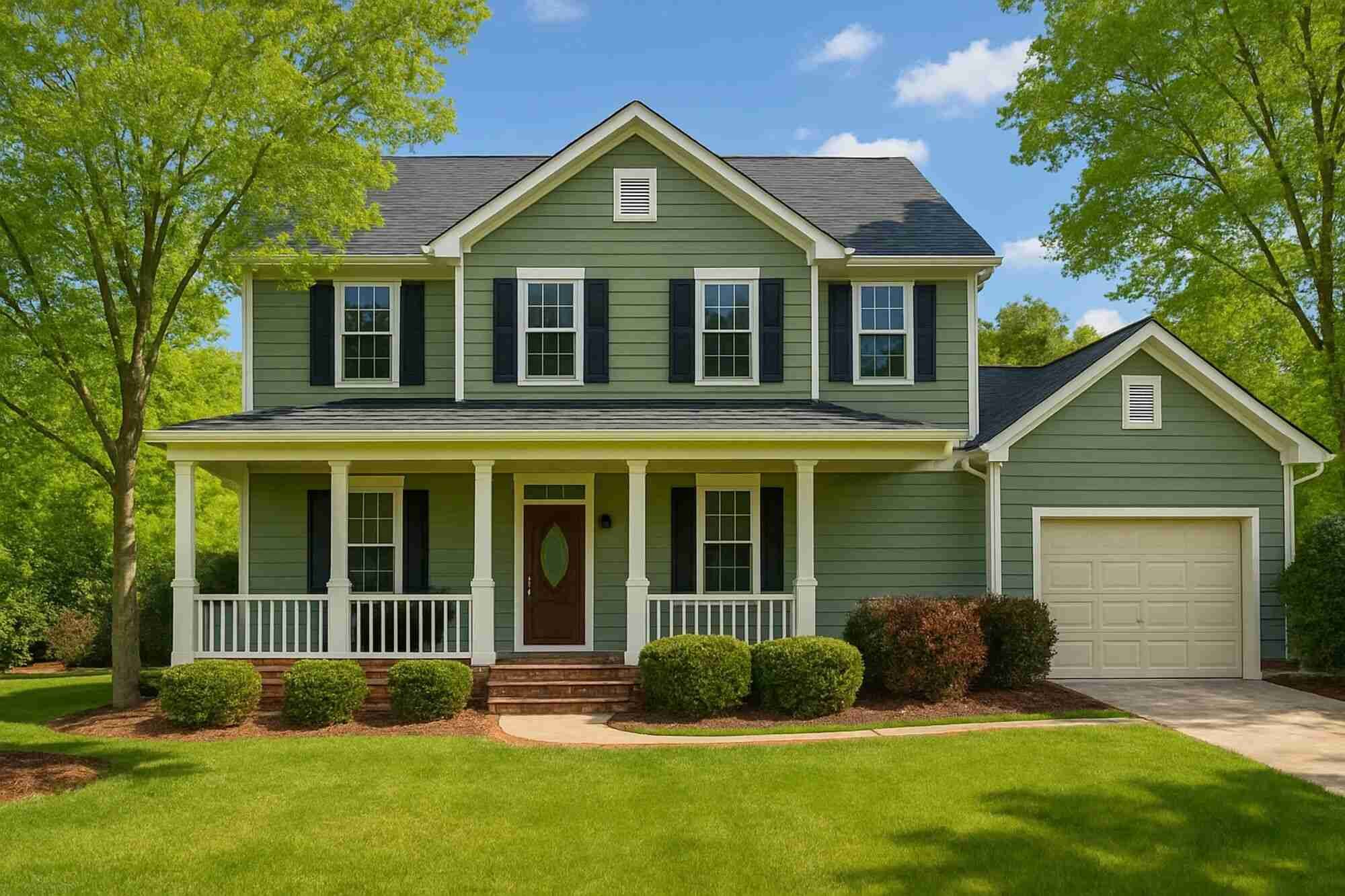 Green two-story home with front porch and manicured lawn in the Piedmont Triad, North Carolina