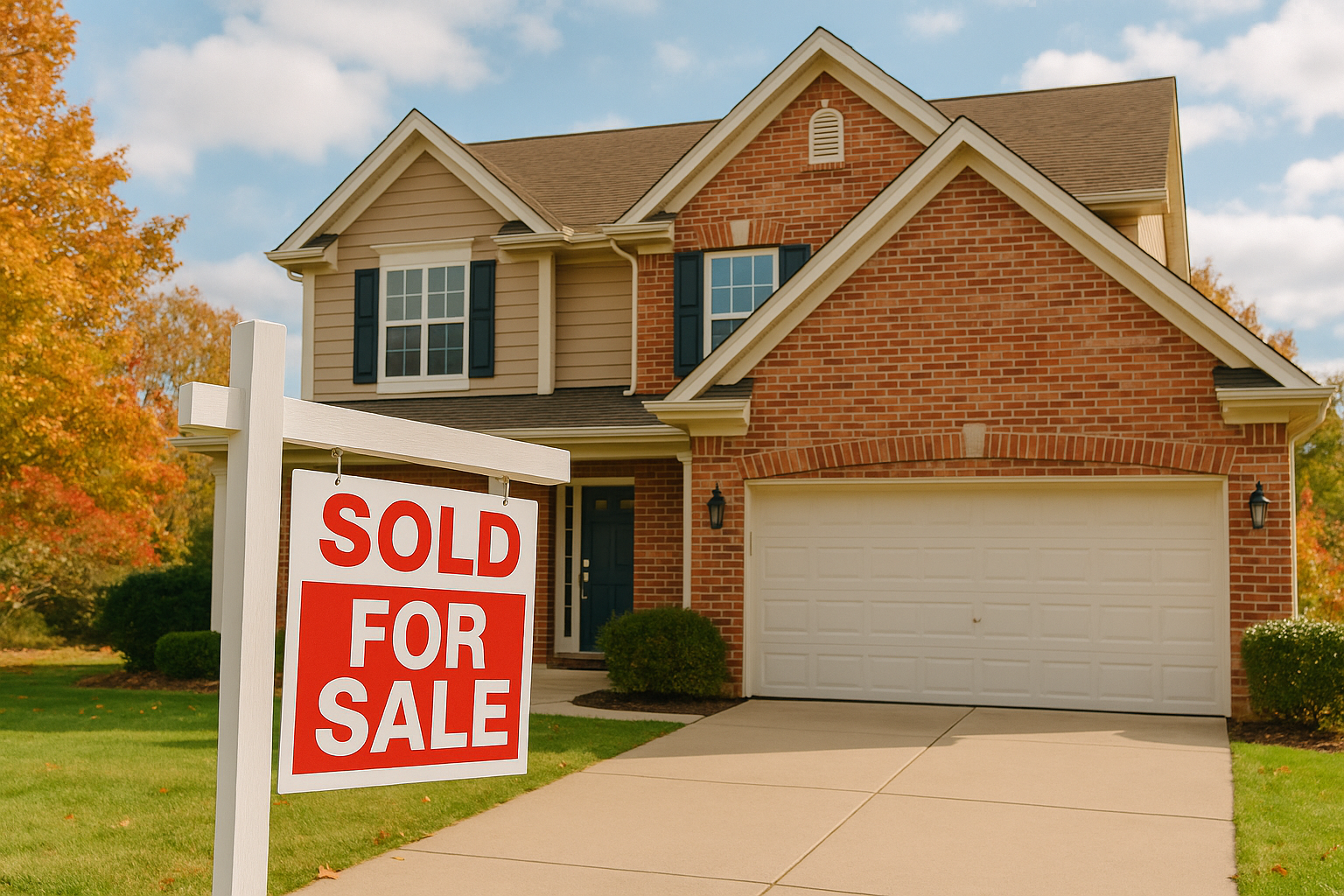 Sold sign in front of brick home with fall foliage in the Piedmont Triad NC