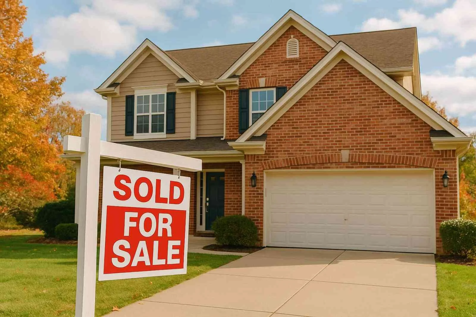 Sold sign in front of brick home in the Piedmont Triad NC during fall season