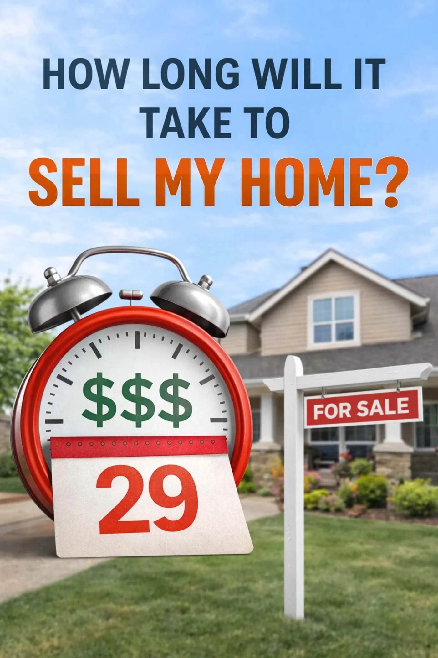How long will it take to sell my home in the Piedmont Triad? Clock with dollar signs and calendar showing 29 days next to a For Sale sign in front of a house - Delia Knight, REALTOR