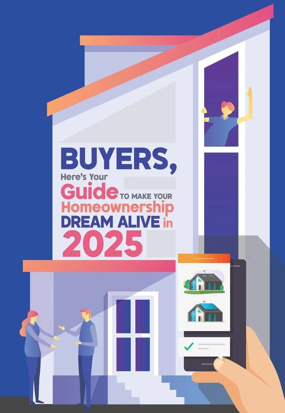 First-time homebuyer guide illustration showing couple meeting with agent and browsing homes on phone in Piedmont Triad NC