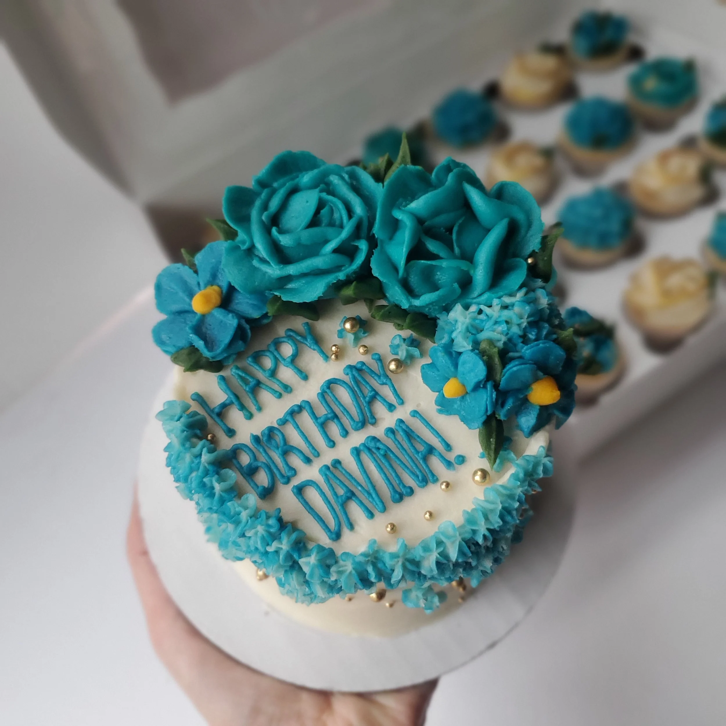 blue flower mini birthday cake